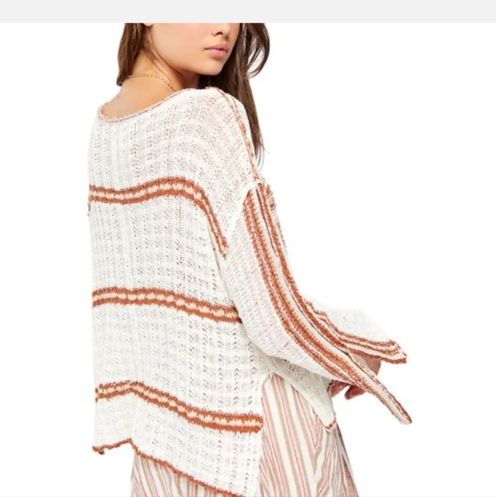 Free People Sz L Tanlines Marina Bay Lace Up Sweater Top Crochet Bohemian